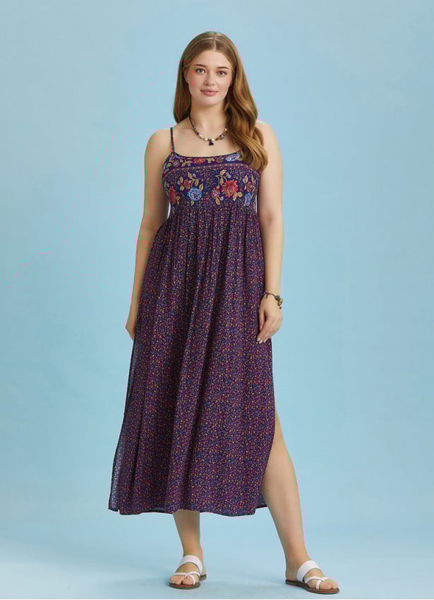 Strappy Button Back Pink Floral Slit Plus Size Dress