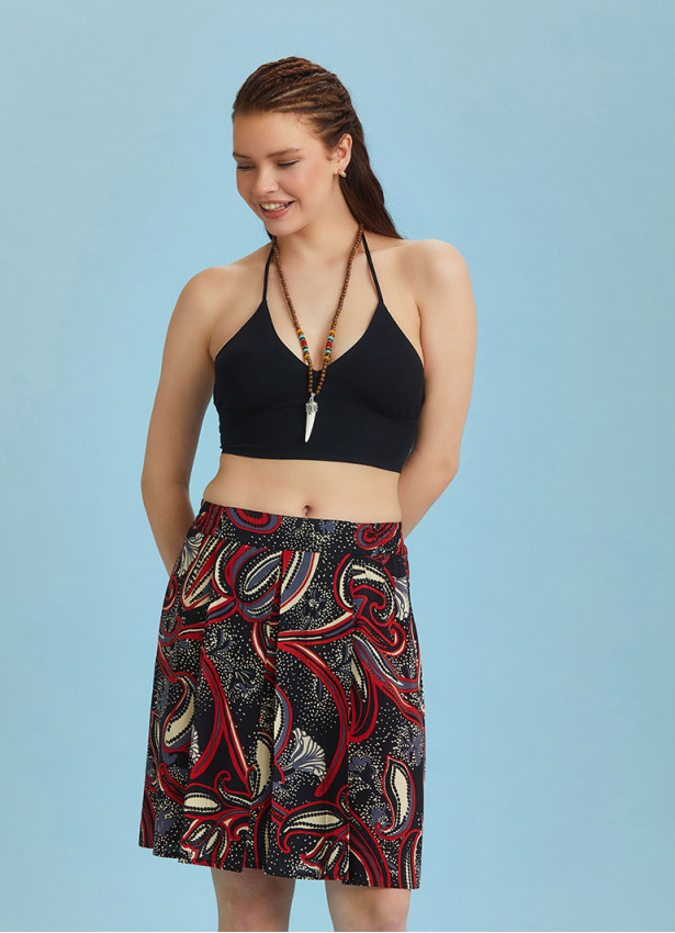 Boho Chic Black Printed Short Pleat Skirt