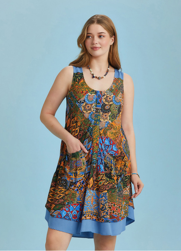 Plus Size Front Pocket Detail Green Print Sundress