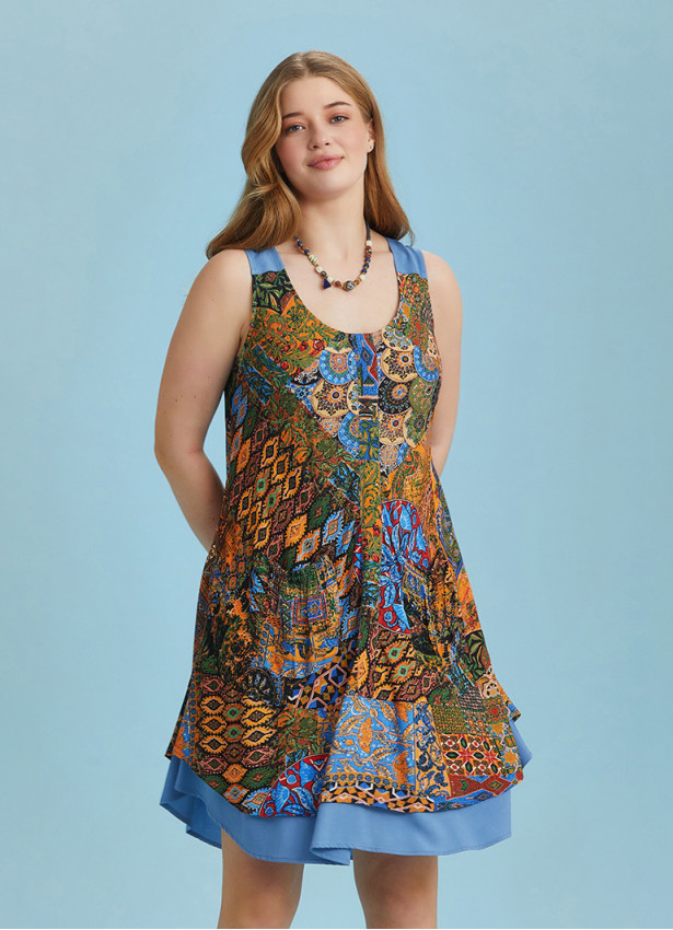 Plus Size Front Pocket Detail Green Print Sundress
