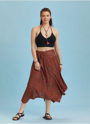 Red Patterned Tie Waist Loose Midi Flared Skirt