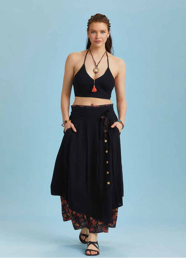 Double Layered Button Down Black Boho Skirt