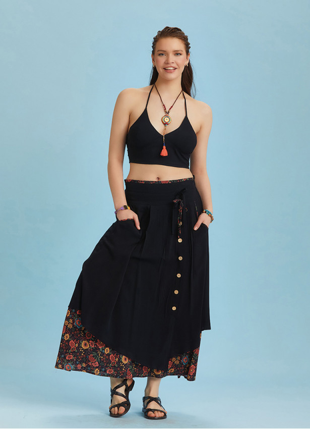 Double Layered Button Down Black Boho Skirt