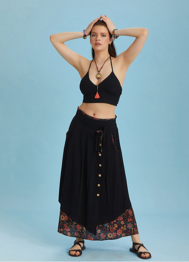 Double Layered Button Down Black Boho Skirt
