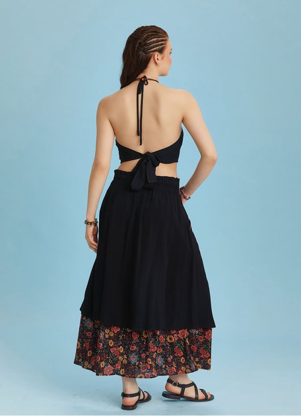 Double Layered Button Down Black Boho Skirt