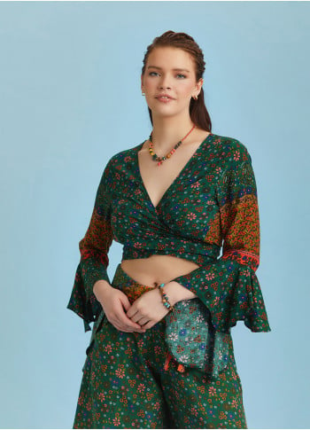 Green Flowers Patterned Gypsy Style Bell Sleeve Crop Top