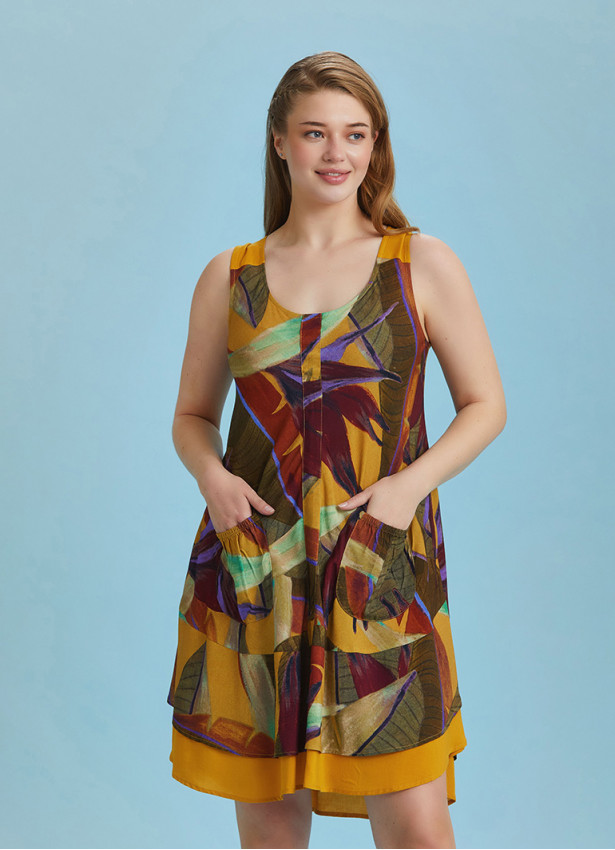 Plus Size Front Pocket Detail Khaki Print Sundress