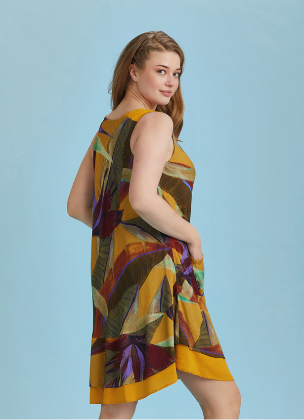 Plus Size Front Pocket Detail Khaki Print Sundress