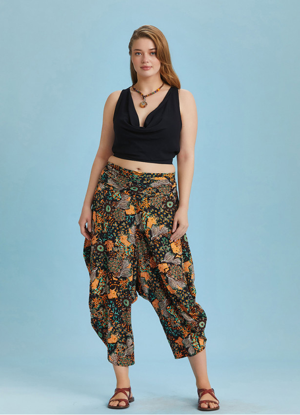 Draped Elastic Waist Floral Print Plus Size Pants