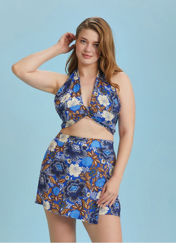 Boho Chic Shirred Back Tie Neck Halter Blue Plus Size Crop Top