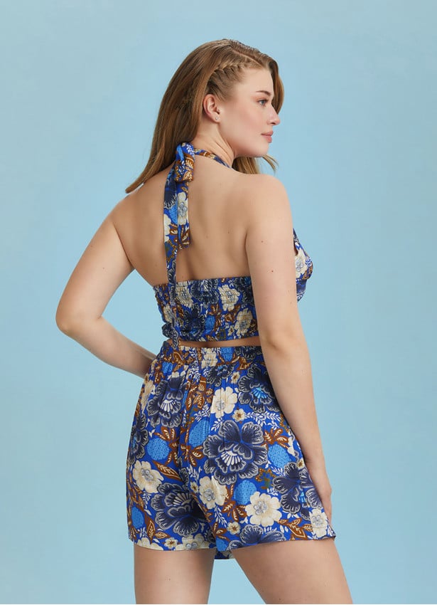 Boho Chic Shirred Back Tie Neck Halter Blue Plus Size Crop Top