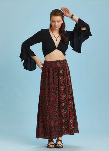 Black Floral Print Elastic Waist Side Slit Long Boho Skirt