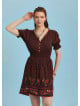 V Necklined Red Rose Print Puff Sleeve Short Dress