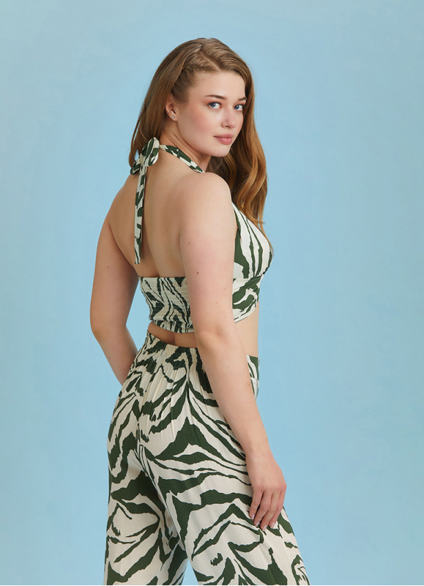 Boho Chic Shirred Back Tie Neck Halter Green Crop Plus Size Top