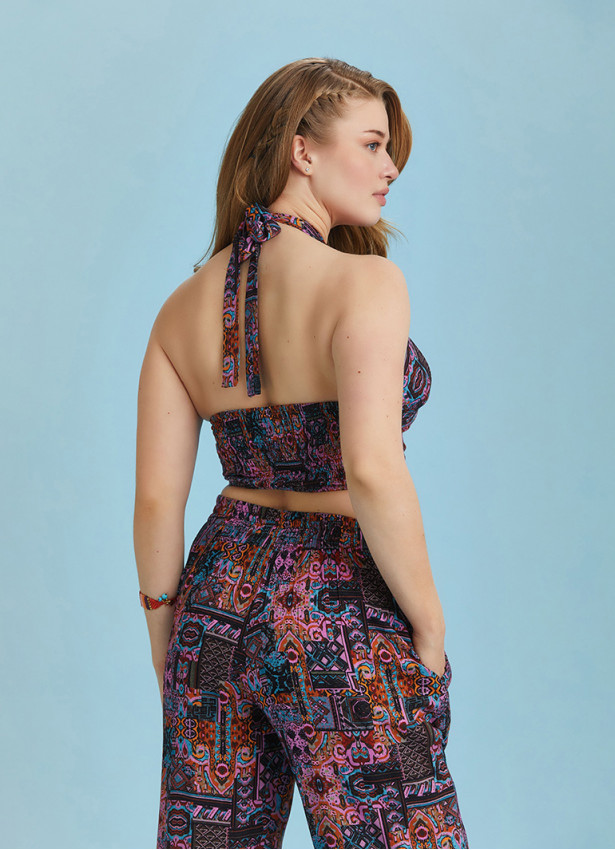 Boho Chic Shirred Back Tie Neck Halter Paterned Plus Size Top