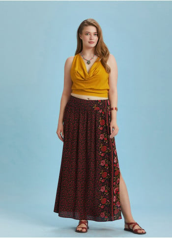 Black Floral Elastic Waist Side Slit Plus Size Skirt