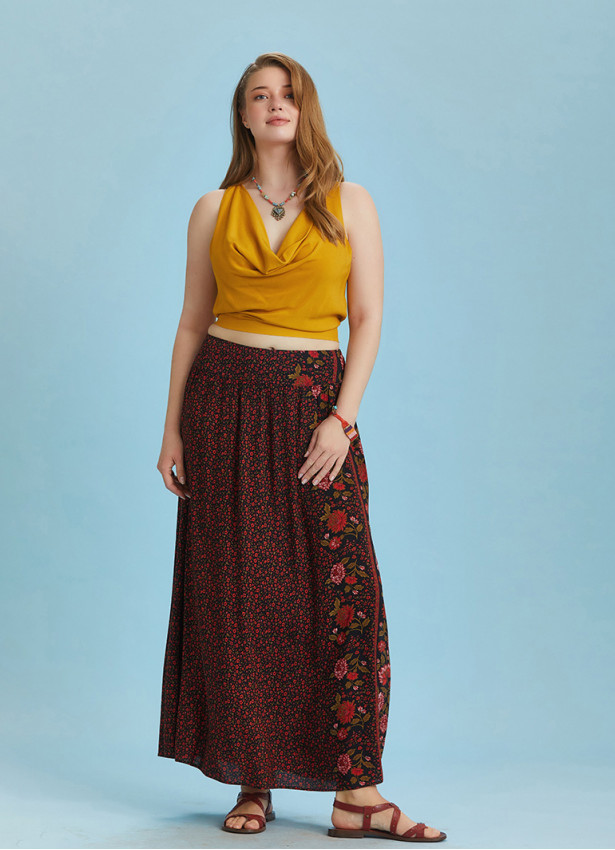 Black Floral Elastic Waist Side Slit Plus Size Skirt