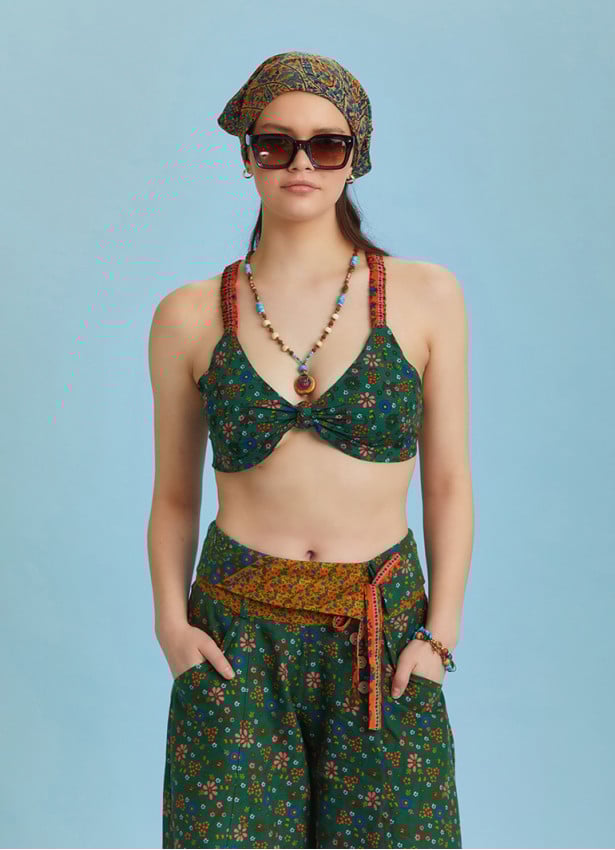 Boho Chic Knot Front Green Floral Bralette Top