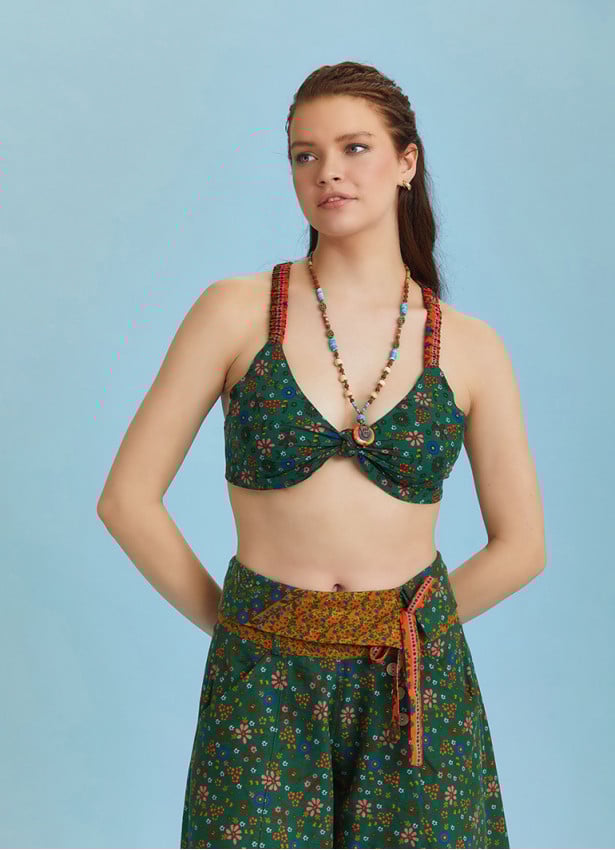 Boho Chic Knot Front Green Floral Bralette Top