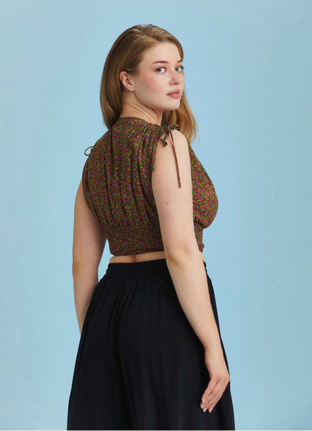 Drawstring Raglan Sleeve Green Print Plus Size Top
