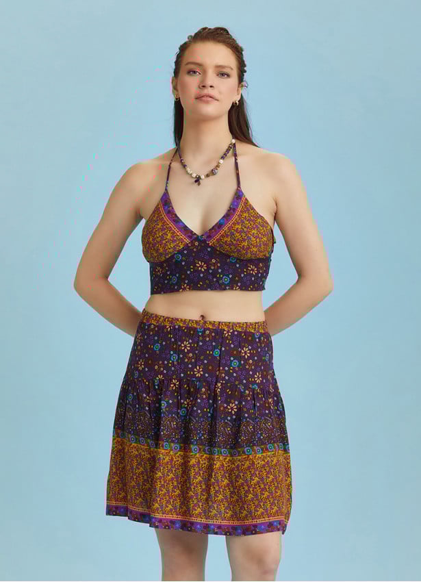Block Print Elastic Waist Ruffled Hem Pull On Mini Skirt