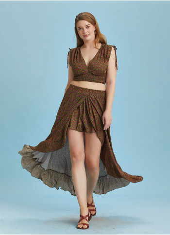 Split Front Frill Hem Print Long Gypsy Plus Size Skirt