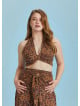 Boho Chic Shirred Back Tie Neck Halter Paterned Crop Plus Size Top