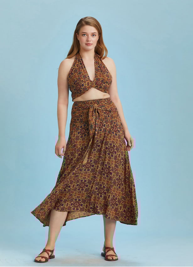 Boho Chic Shirred Back Tie Neck Halter Paterned Crop Plus Size Top