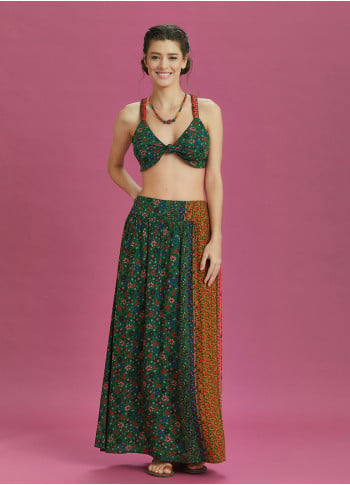 Green Floral Print Elastic Waist Side Slit Long Boho Skirt