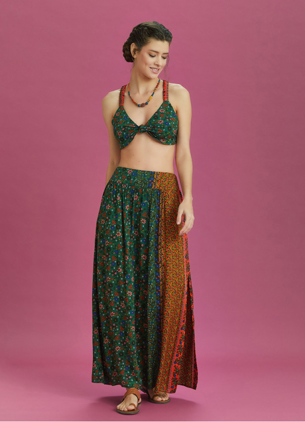 Green Floral Print Elastic Waist Side Slit Long Boho Skirt