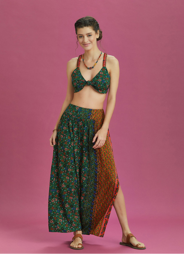 Green Floral Print Elastic Waist Side Slit Long Boho Skirt