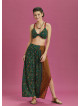 Green Floral Print Elastic Waist Side Slit Long Boho Skirt