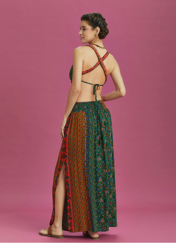 Green Floral Print Elastic Waist Side Slit Long Boho Skirt
