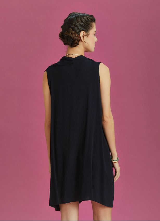 Loose Fit Wrap Front Cowl Neck Black Tunic Dress