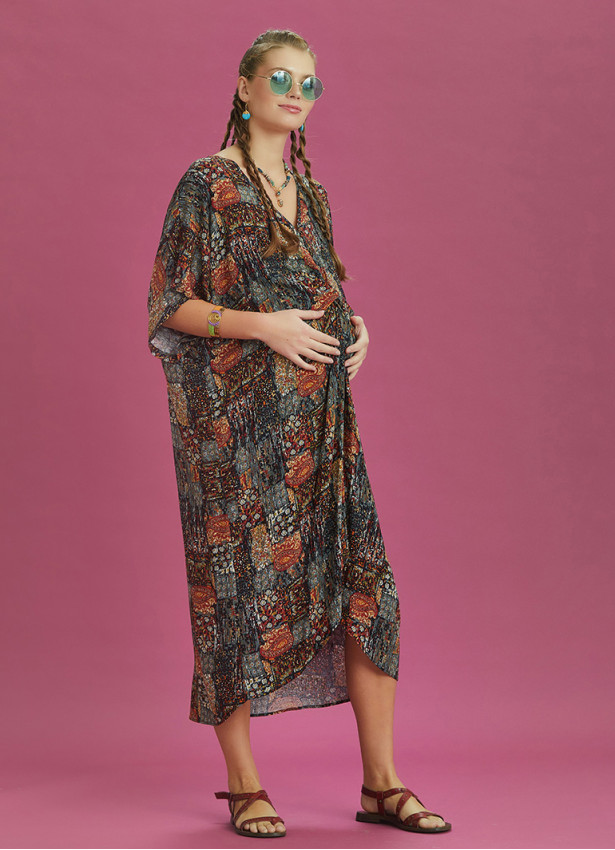 Twist Front Loose Khaki Bat Wing Maternity Dress