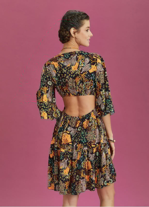 Frill Hem Tie Front Black Print Short Summer Dress
