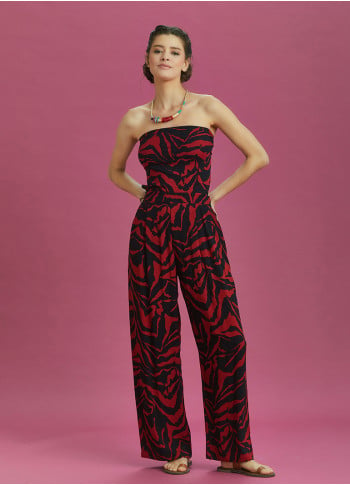 Red Print Wide Leg Strapless Overall