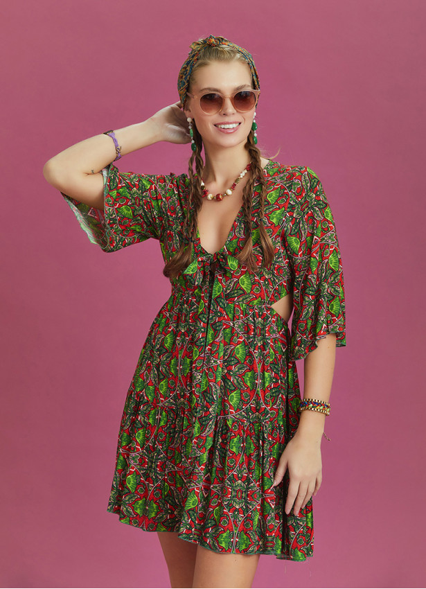 Frill Hem Tie Front Green Print Short Summer Dress