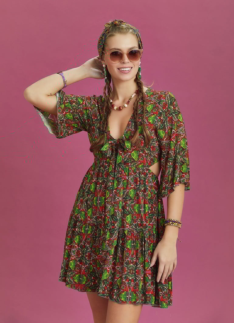 Los Banditos Frill Hem Tie Front Green Print Short Summer Dress