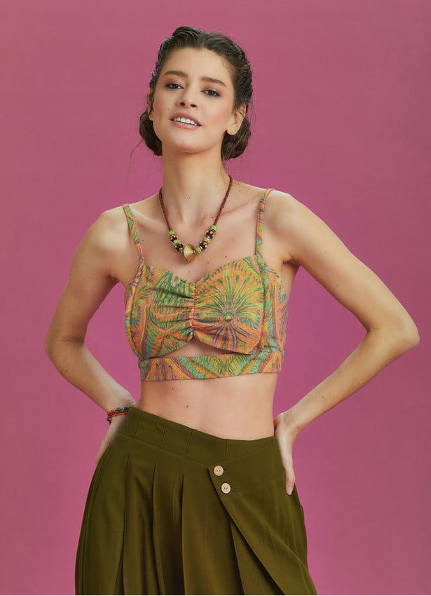 Cut Out Front Detail Cotton Print Bralette Top
