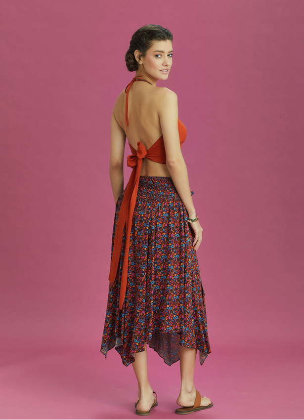 Orange Patterned Tie Waist Loose Midi Flared Skirt