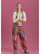 Blue Patterned Elastic Waist and Hem Mid Rise Harem Pants