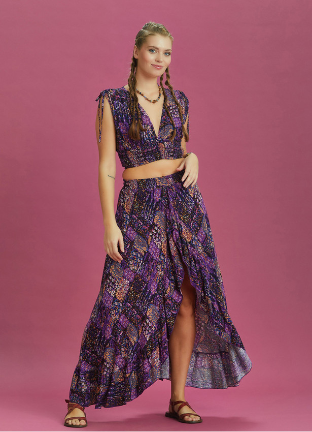Split Front Frill Hem Purple Print Long Gypsy Skirt