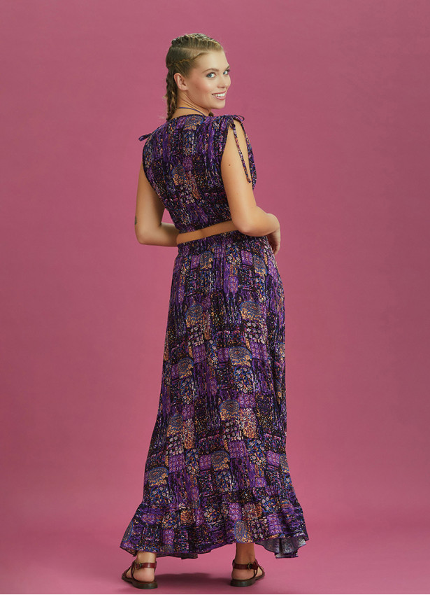 Split Front Frill Hem Purple Print Long Gypsy Skirt