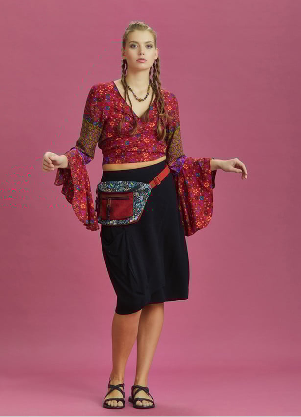 Orange Flowers Patterned Gypsy Style Bell Sleeve Crop Top