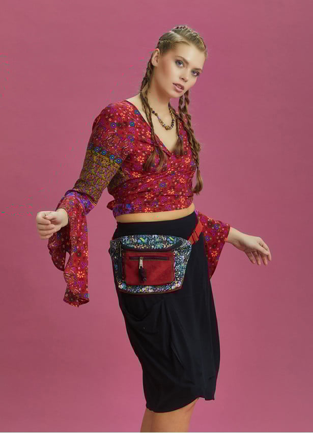 Orange Flowers Patterned Gypsy Style Bell Sleeve Crop Top