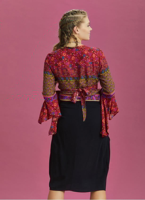 Orange Flowers Patterned Gypsy Style Bell Sleeve Crop Top