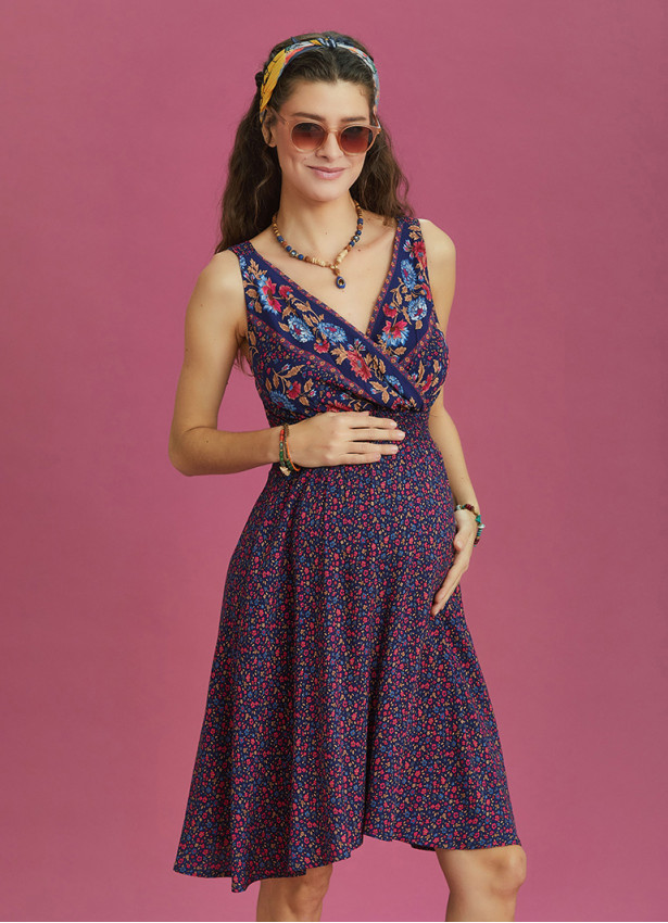Double Breasted Neck Bohemian Style Flowers Patterned Maternity Dress