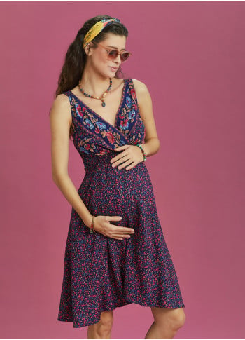 Double Breasted Neck Bohemian Style Flowers Patterned Maternity Dress