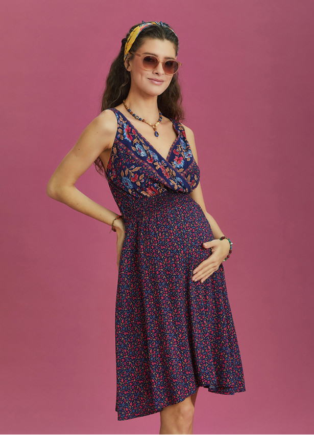 Double Breasted Neck Bohemian Style Flowers Patterned Maternity Dress
